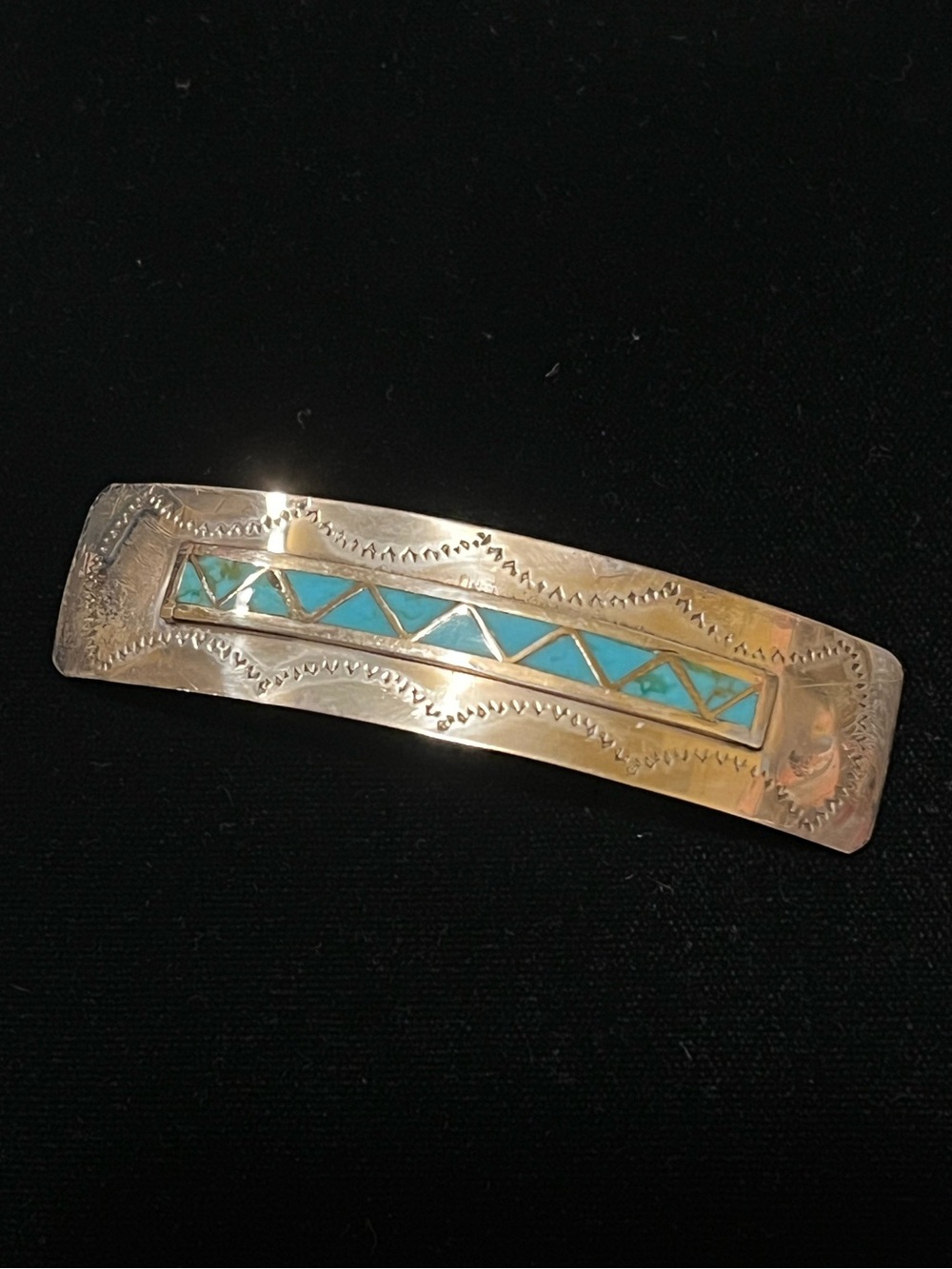 GENUINE STERLING SILVER w/ TURQUOISE INLAY BARRETTE HAIR CLIP.